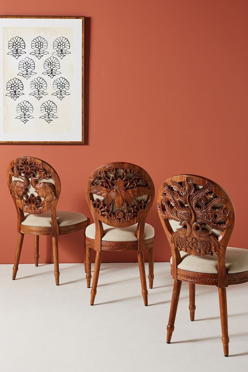 Hand carved Peacock Design Dining Chair | Handmade Indian Wooden Chair Dining Chair - Bone Inlay Furnitures