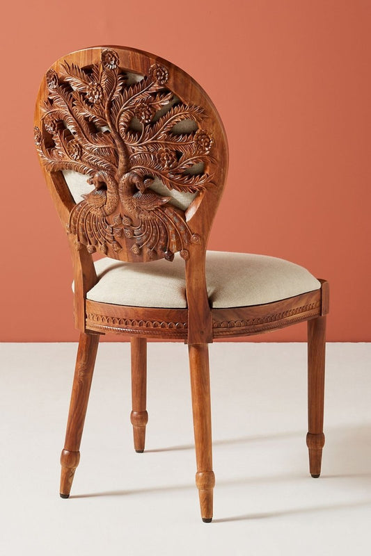 Hand carved Peacock Design Dining Chair | Handmade Indian Wooden Chair Dining Chair - Bone Inlay Furnitures