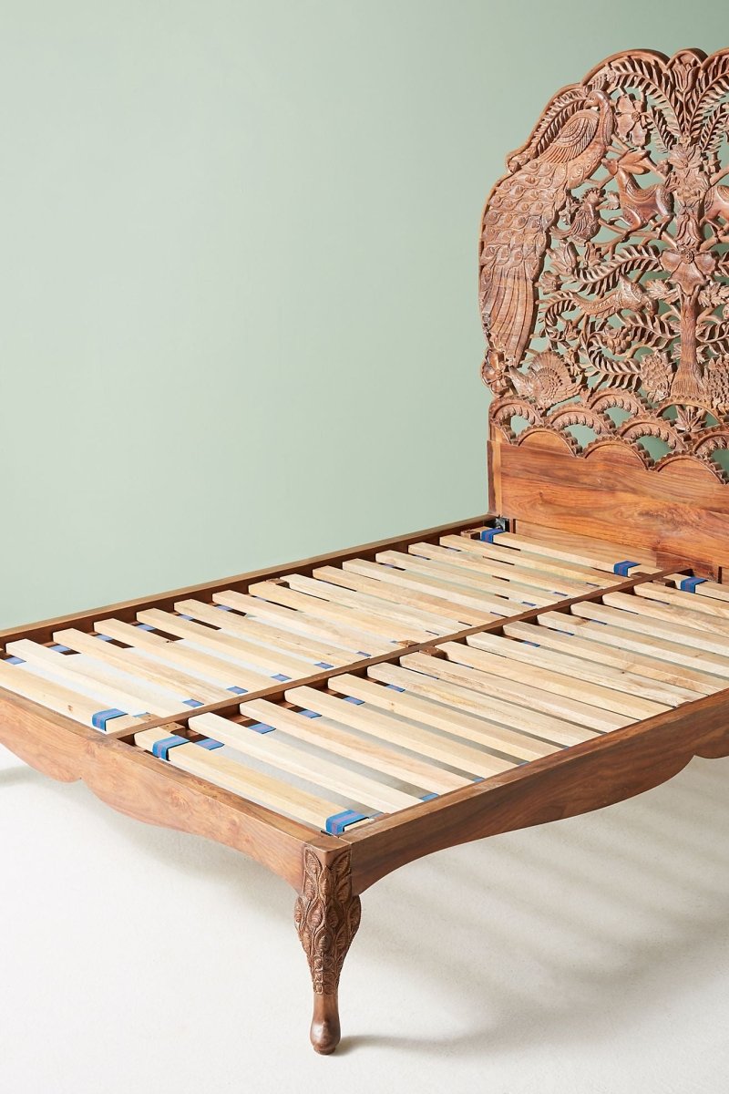Hand carved Peacock Woodland Bed | Handmade Custom Design Wooden Bed Bed - Bone Inlay Furnitures