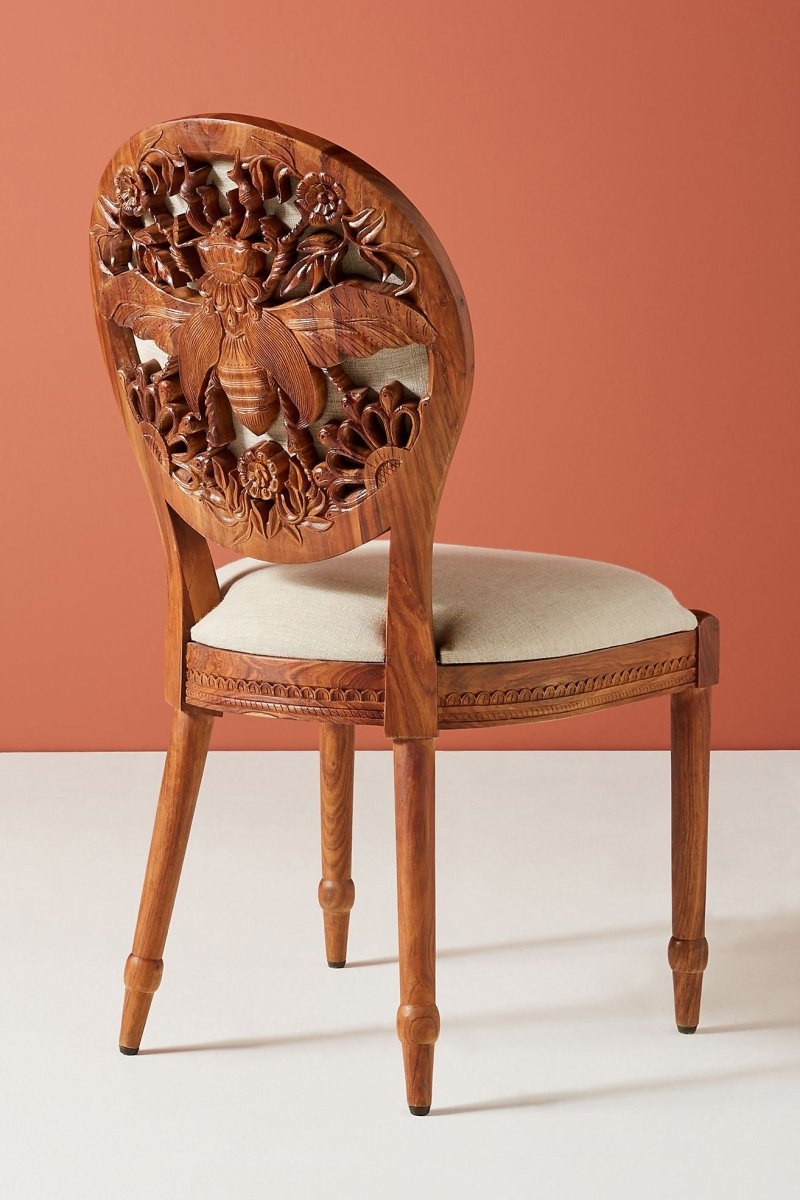 Hand carved Queen Bee Design Dining Chair | Handmade Indian Wooden Chair Dining Chair - Bone Inlay Furnitures
