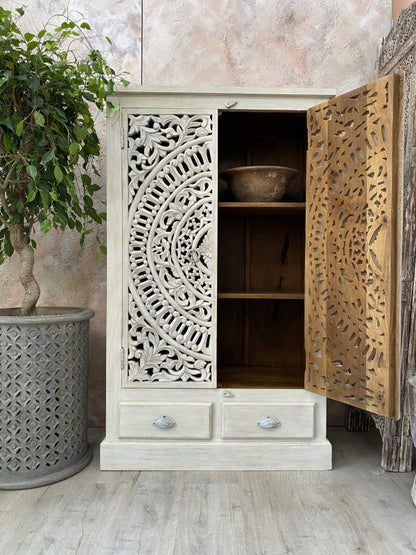 Hand Carved Solid Wooden Armoire Armoire - Bone Inlay Furnitures
