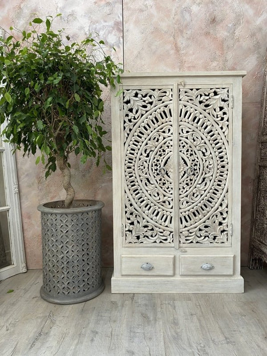 Hand Carved Solid Wooden Armoire Armoire - Bone Inlay Furnitures
