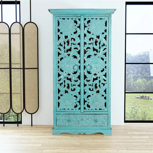 Hand Carved Solid Wooden Armoire Wardrobe in Light Blue Color Armoire - Bone Inlay Furnitures