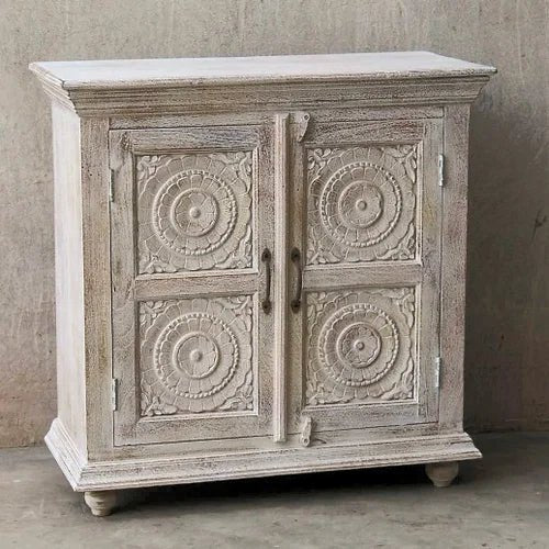 Hand Carved White Color Cabinet | Handmade Two Door Small Sideboard Cabinet - Bone Inlay Furnitures