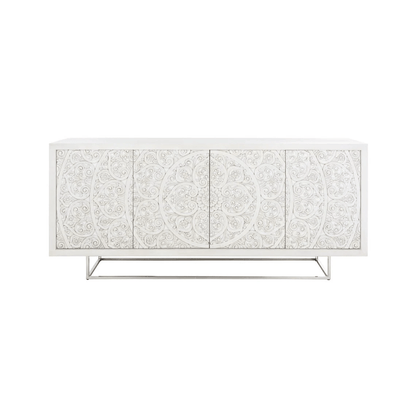 Hand Carved White Color Sideboard with Metal Base | Indian Carving Buffet table Sideboard - Bone Inlay Furnitures