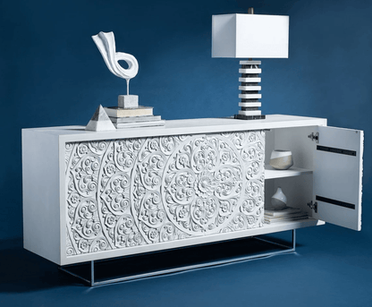 Hand Carved White Color Sideboard with Metal Base | Indian Carving Buffet table Sideboard - Bone Inlay Furnitures