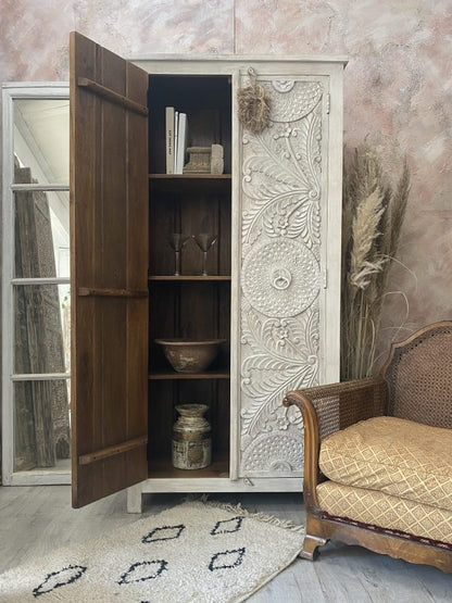 Hand Carved Wooden Armoire | Handmade Indian Wardrobe in White Color Armoire - Bone Inlay Furnitures