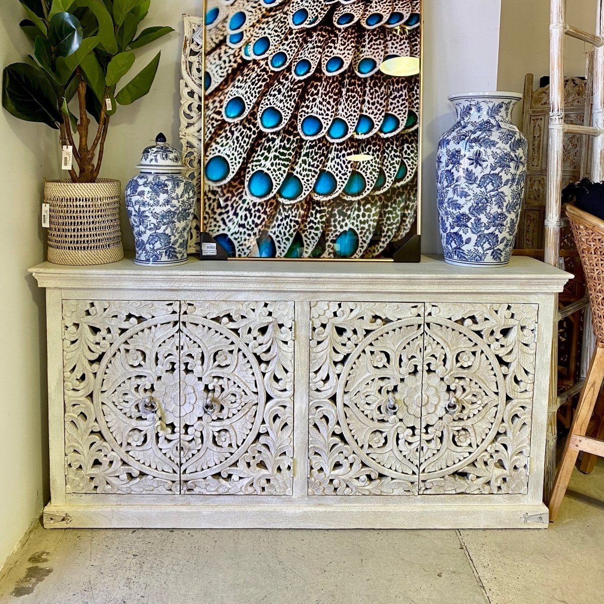 Hand Carved Wooden Chakra Pattern Sideboard With 4 doors | Antique Buffet Table Buffet & Sideboard - Bone Inlay Furnitures