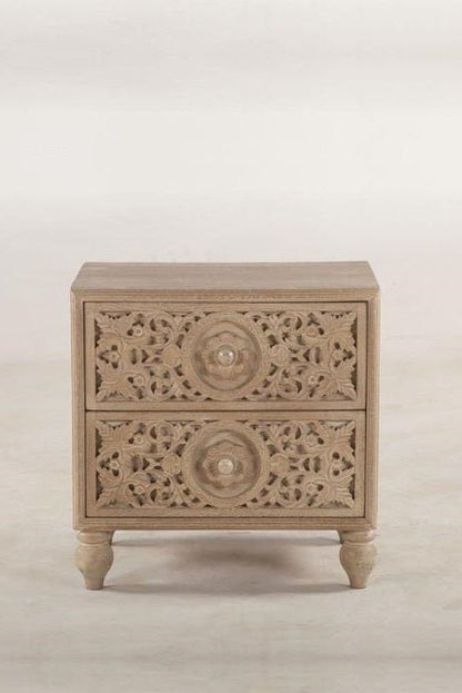 Hand Carved Wooden Nightstand with 2 Drawers | Handmade Natural Color Bedside table Nightstand - Bone Inlay Furnitures