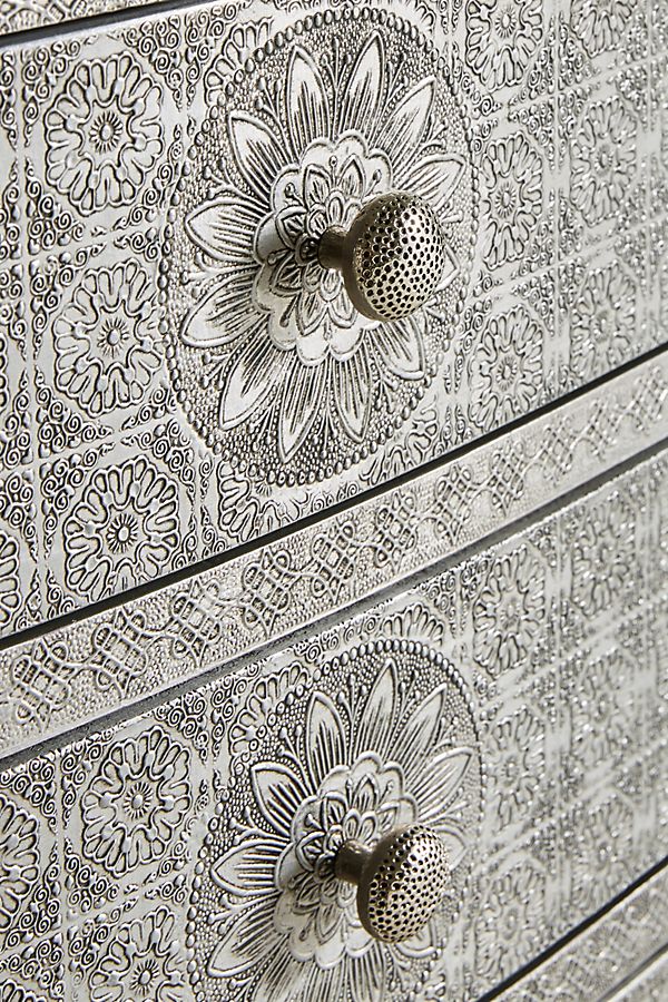 Hand-Embossed Nightstand with 3 Drawers- Close up