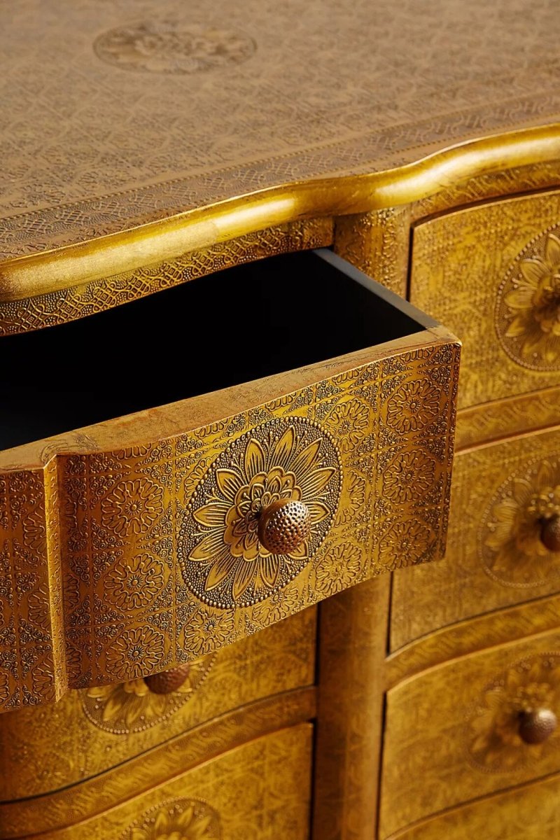 Hand Embossed Six Drawer Dresser | Indian Brass Embossed Chest Of Drawer Chest of Drawers - Bone Inlay Furnitures