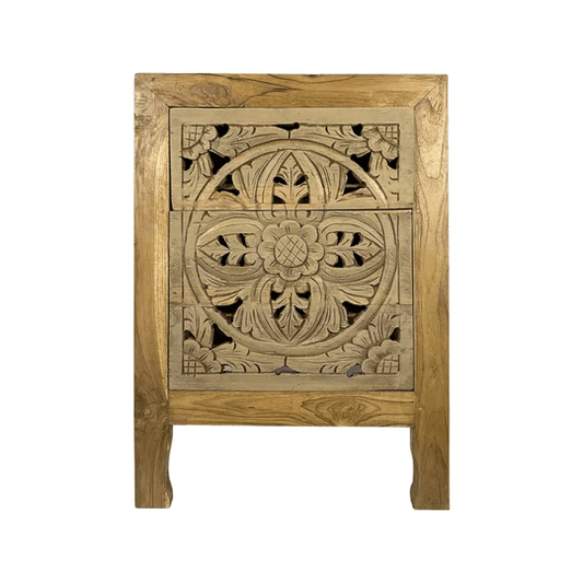 Handcarved Brown Bedside Table in Natural Wood Bedside Table - Bone Inlay Furnitures