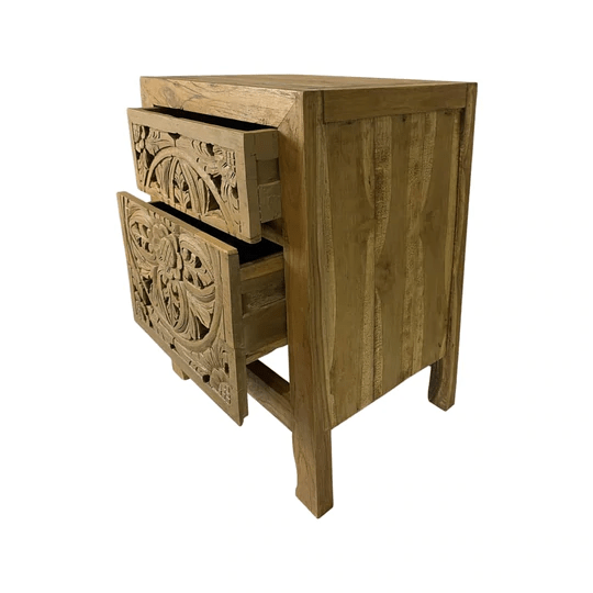 Handcarved Brown Bedside Table in Natural Wood Bedside Table - Bone Inlay Furnitures