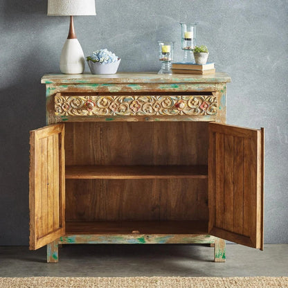Multicolored 1 Drawer 2 Door Indian Style Small Sideboard