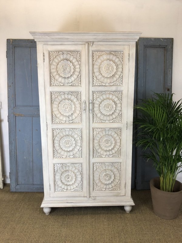 Handmade Beautiful Carved Floral Armoire | Indian Handmade Furniture Armoire - Bone Inlay Furnitures