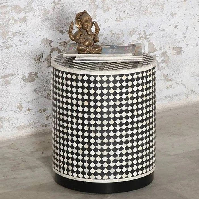 Handmade black and white bone inlay drum stool table featuring an intricate repeating scalloped pattern and cylindrical solid wood design for living room or bedside decor.