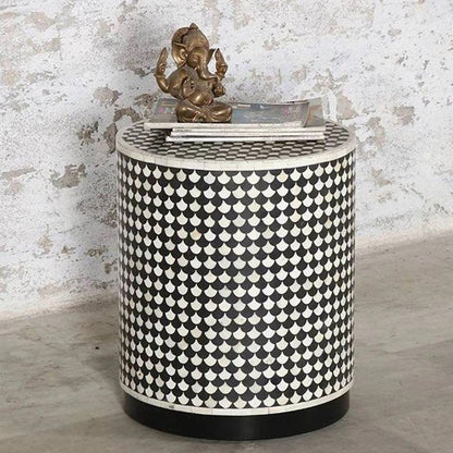 Handmade black and white bone inlay drum stool table featuring an intricate repeating scalloped pattern and cylindrical solid wood design for living room or bedside decor.