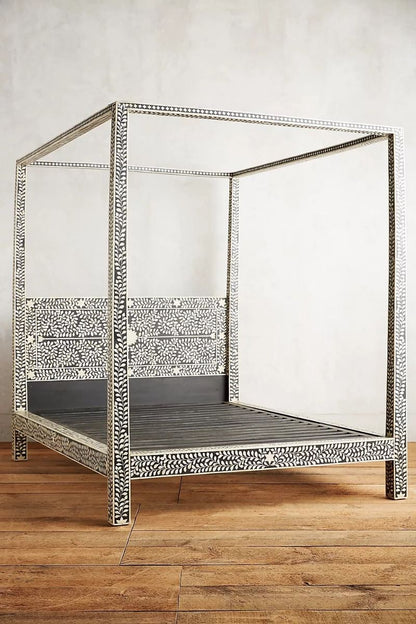 Handmade Bone Inlay Canopy Platform Bed | Handmade Black Color Bed For Bedroom Decor Beds & Bed Frames - Bone Inlay Furnitures