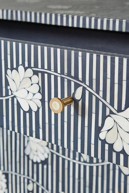 Handmade Bone Inlay Chest of 3 Drawers Floral Design Chevron Patterned in Navy Blue with Brass Stand chest of drawer - Bone Inlay Furnitures