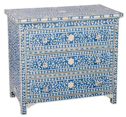 Handmade Bone Inlay Chest of 3 Drawers Floral Design in Blue Color | Bedroom 3 Drawer Dresser Chest of Drawers - Bone Inlay Furnitures