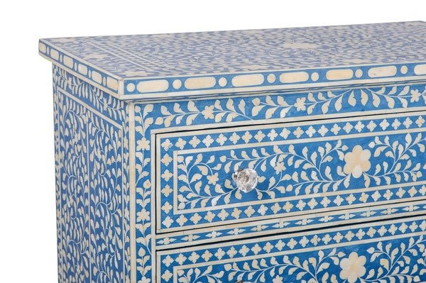 Handmade Bone Inlay Chest of 3 Drawers Floral Design in Blue Color | Bedroom 3 Drawer Dresser Chest of Drawers - Bone Inlay Furnitures