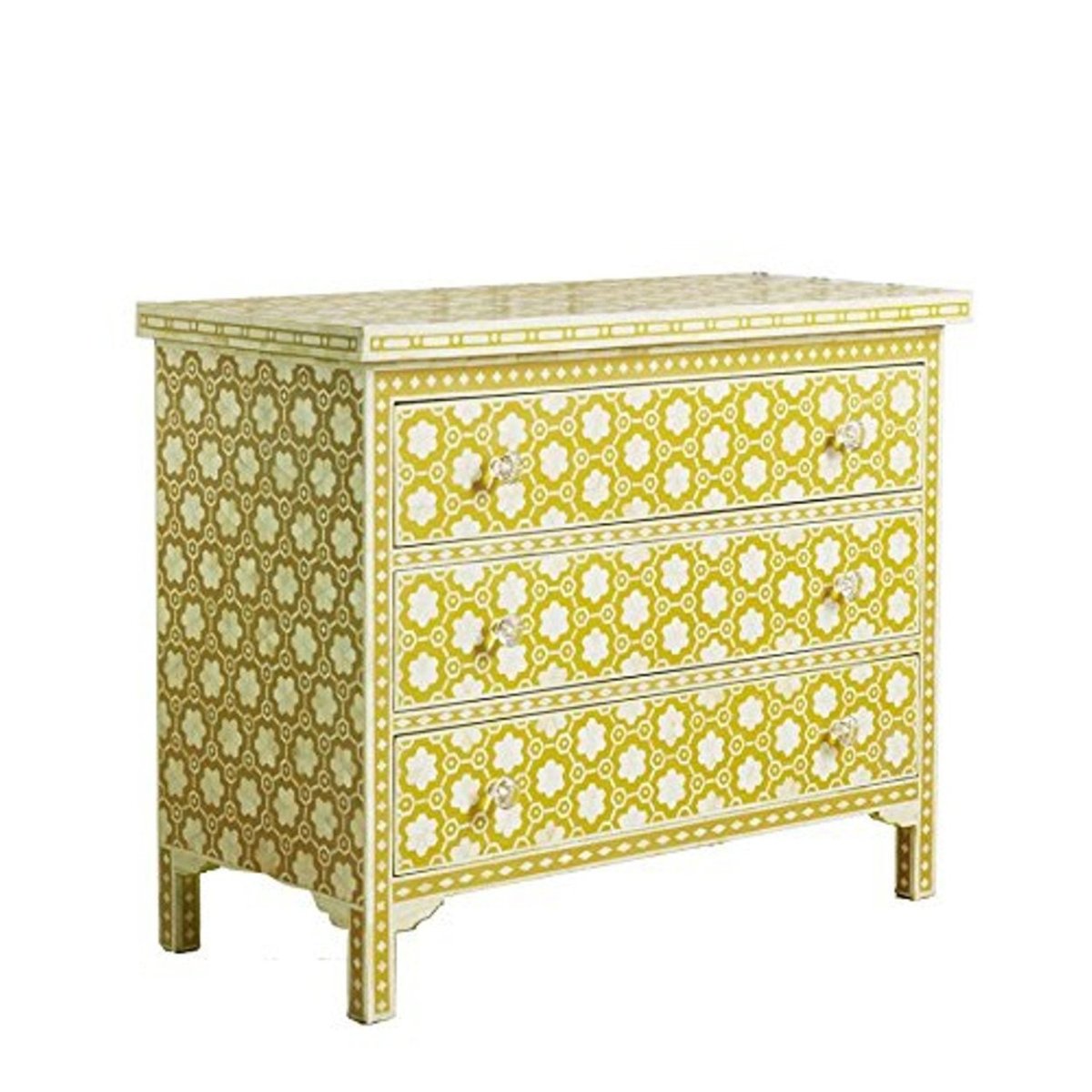 Handmade Bone Inlay Chest of 3 Drawers Floral Design in Yellow Color | Bedroom 3 Drawers Dresser chest of drawer - Bone Inlay Furnitures