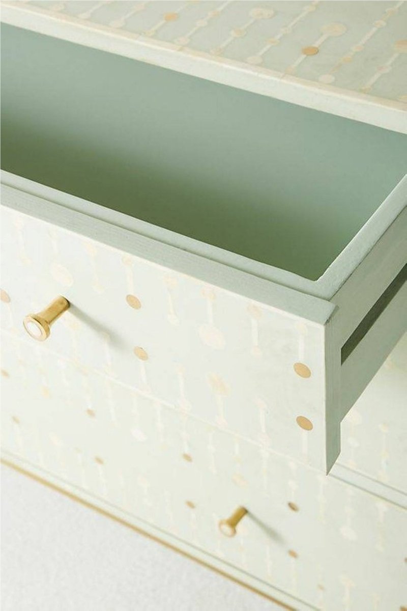 Sage Green Bone Inlay Nursery Dresser - Handcrafted 3-Drawer Chest Bone Inlay Furnitures Sage Green Bone Inlay Nursery Dresser - Handcrafted 3-Drawer Chest Bone Inlay Furnitures
