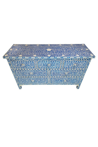 Handmade Bone Inlay Chest of 7 Drawers Blue Color | Custom Made 7 Drawers Dresser Chest of Drawers - Bone Inlay Furnitures