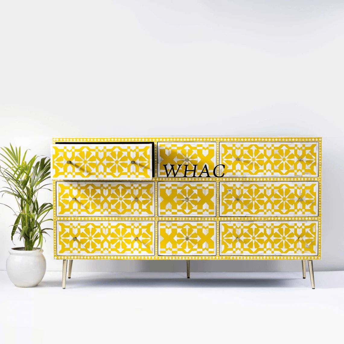 Handmade Bone Inlay Chest Of 9 Drawers in Yellow Color | Bone Inlay Storage Unit Chest of Drawers - Bone Inlay Furnitures