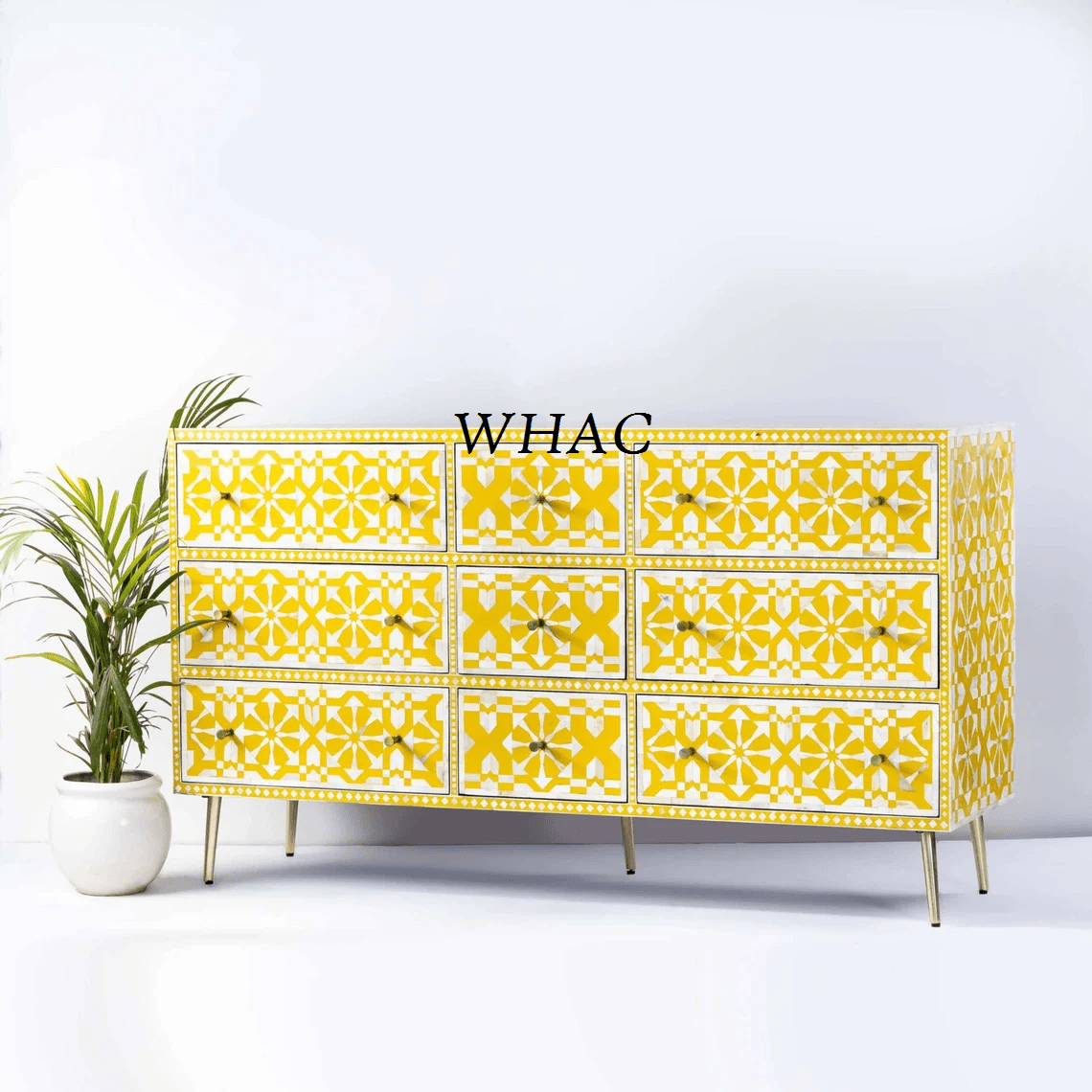 Handmade Bone Inlay Chest Of 9 Drawers in Yellow Color | Bone Inlay Storage Unit Chest of Drawers - Bone Inlay Furnitures