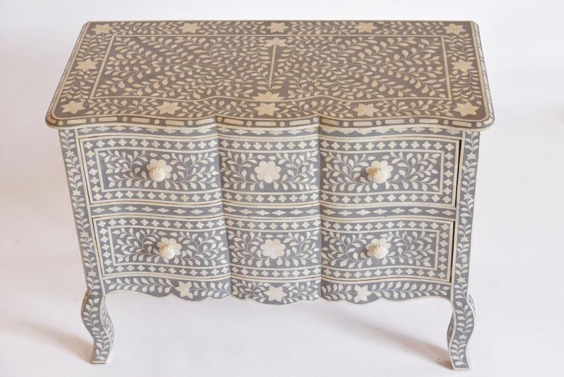Handmade Bone Inlay Chest Of Drawer | 2 Drawers French Dresser In Grey Color Chest of Drawers - Bone Inlay Furnitures