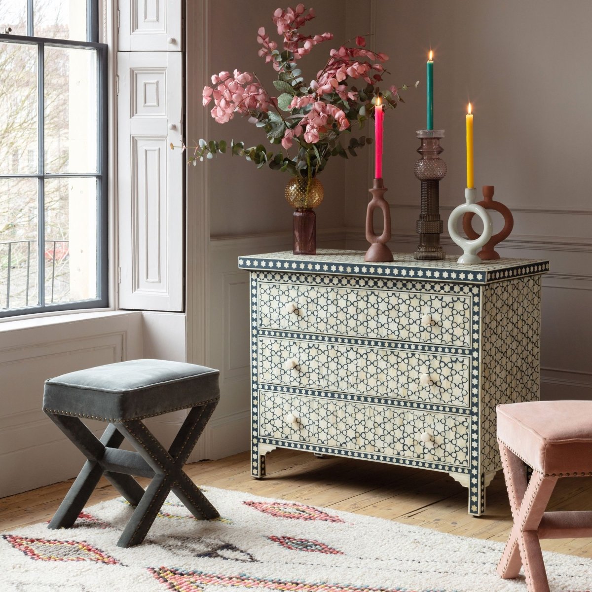 Handmade Star Design Bone Inlay Chest of Drawers | Luxury Dresser Handmade Star Design Bone Inlay Chest of Drawers | Luxury Dresser