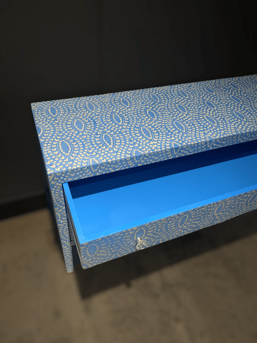 Handmade Bone Inlay Chest Of Drawers | Hand Crafted Indian Dresser in Blue Color Chest of Drawers - Bone Inlay Furnitures
