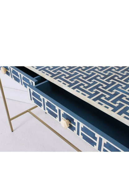 Handmade Bone Inlay Console Table | Lattice Pattern Work Desk in Dark Blue console table - Bone Inlay Furnitures