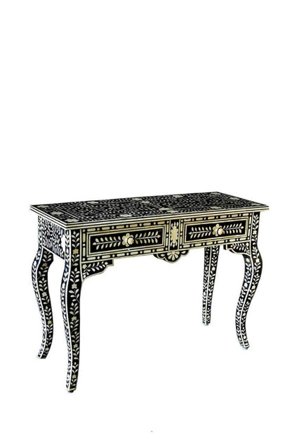 Black and white floral bone inlay console table featuring detailed vine patterns, two drawers, and elegant curved cabriole legs, isolated on a white background.