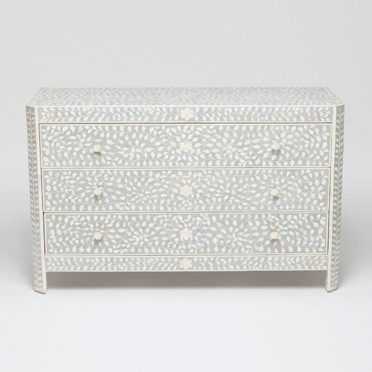 Handmade Bone Inlay Floral 3 Drawer Dresser Grey Color | Bedroom Storage Unit Chest of Drawers - Bone Inlay Furnitures