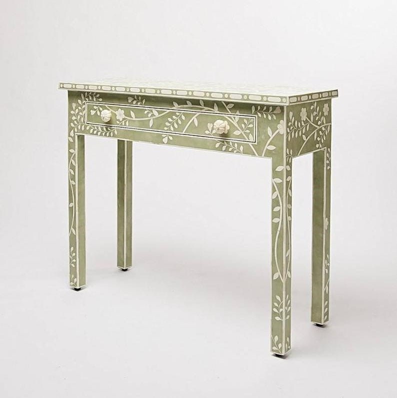 Handmade Bone inlay Floral Design Console Table | Handcrafted Dressing Table in Sage Green Color console table - Bone Inlay Furnitures