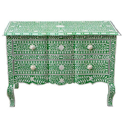 Handmade Bone Inlay Frontal Wave Chest of 2 Drawers | Bone Inlay French Dresser In Green Color Chest of Drawers - Bone Inlay Furnitures