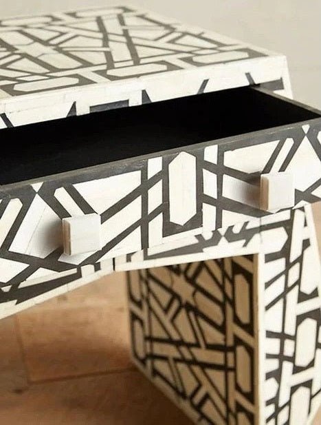 Handmade Bone Inlay Geometric Design 3 drawer Side Table | Black and White Bone Inlay Nightstand Nightstand - Bone Inlay Furnitures