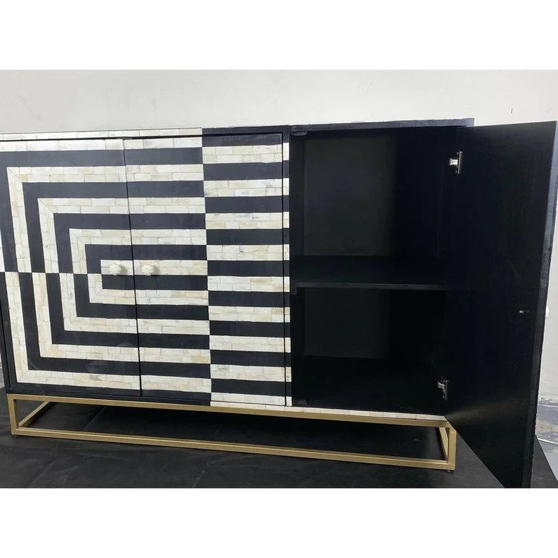 Handmade Bone Inlay Geometric Design Sideboard | Buffet Table in abstract Black Color | Buffet & Sideboard - Bone Inlay Furnitures