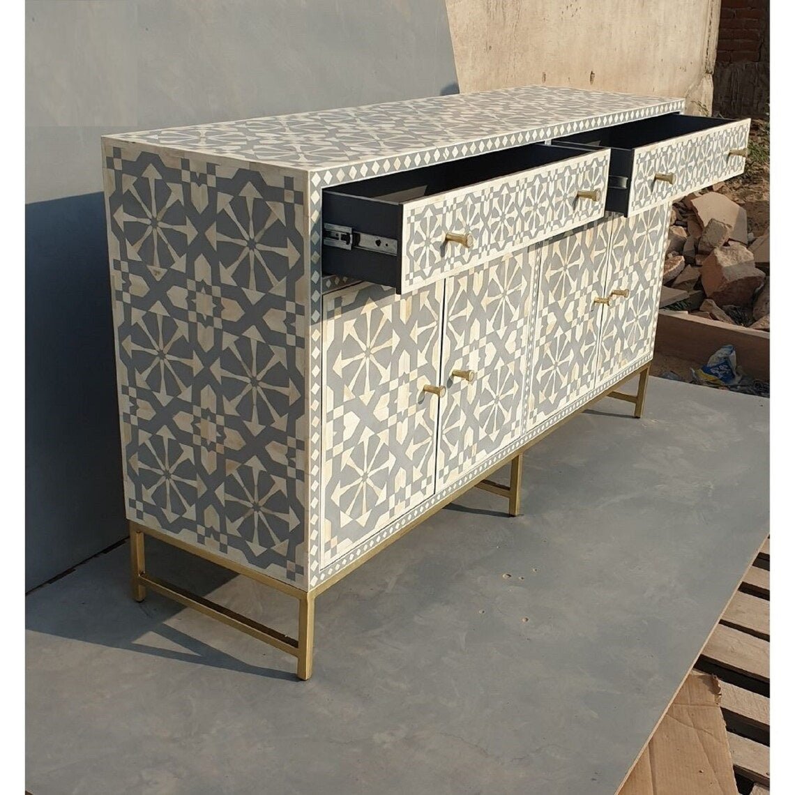Handmade Bone Inlay Gray and White Color Sideboard | Handmade Bone Inlay Buffet Table Sideboard - Bone Inlay Furnitures