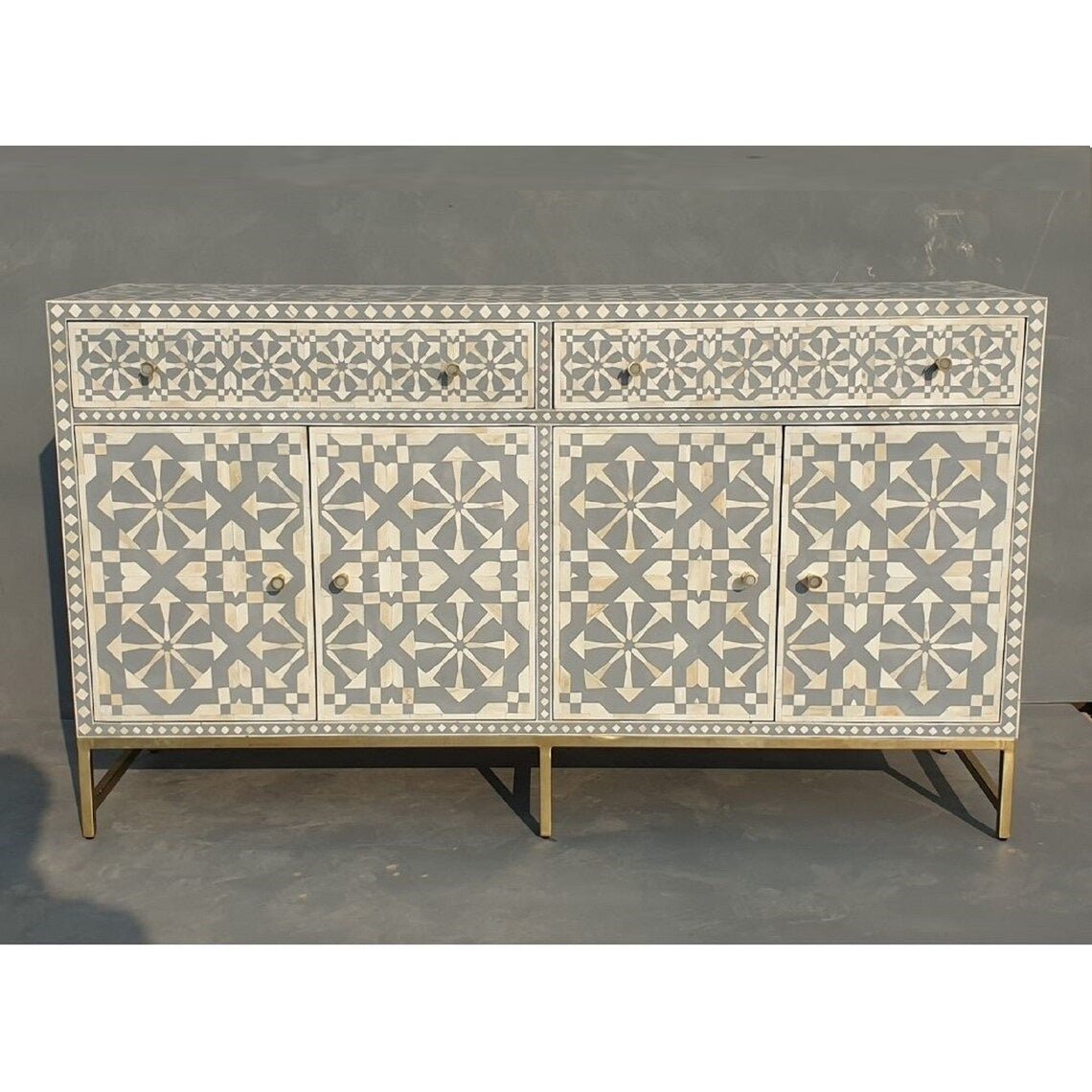 Handmade Bone Inlay Gray and White Color Sideboard | Handmade Bone Inlay Buffet Table Sideboard - Bone Inlay Furnitures