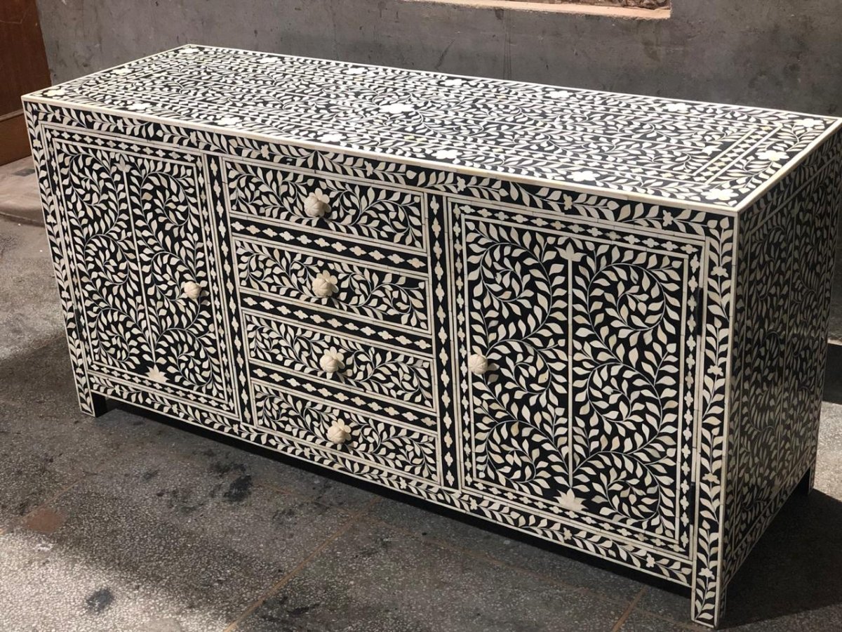 Handmade Bone Inlay Moroccan Floral Black Color Sideboard | Handmade Indian Bone Inlay Buffet Table Buffet & Sideboard - Bone Inlay Furnitures