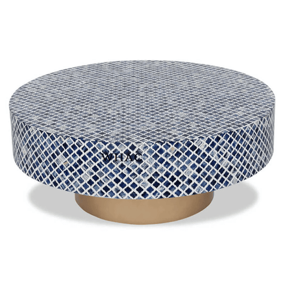 Handmade Bone Inlay Round Coffee Table Blue Color | Hand Crafted Center Table Coffee Table - Bone Inlay Furnitures