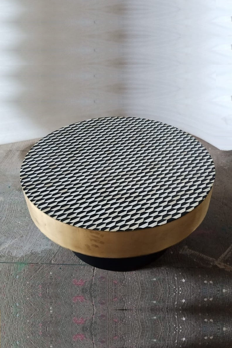 Handmade Bone Inlay Round Coffee Table | Checker Board Design Center Table Coffee Table - Bone Inlay Furnitures