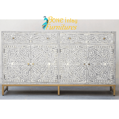 Handmade Bone Inlay Sideboard Mid Gray | 2 Drawers 4 Door Scroll Vine Buffet - Bone Inlay Furnitures