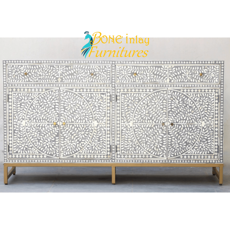 Handmade Bone Inlay Sideboard Mid Gray | 2 Drawers 4 Door Scroll Vine Buffet - Bone Inlay Furnitures