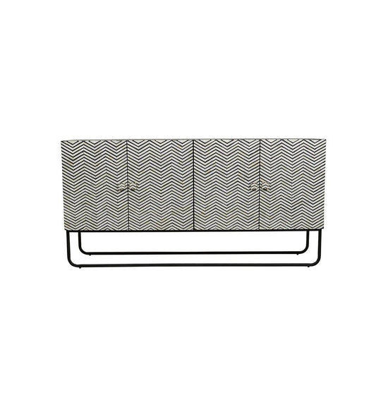 Handmade Bone Inlay Sideboard With Iron Legs | Hand Crafted Thin Zig Zag Pattern Credenza Buffet & Sideboard - Bone Inlay Furnitures