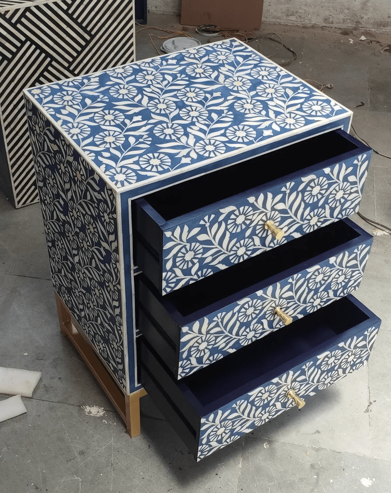 Handmade Bone Inlay Sunflora Design Nightstand Blue Color | Handmade Bedside Storage Unit Nightstand - Bone Inlay Furnitures