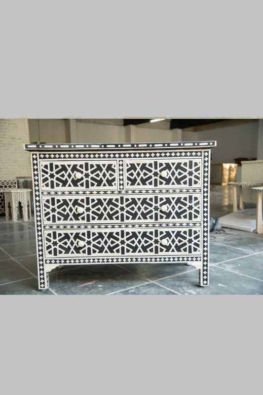 Handmade Bone Inlay Tribal Chest of 4 Drawer in Black Color